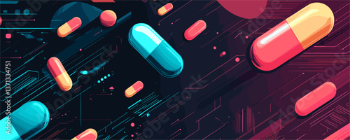 Colorful medicine capsules with digital circuit background, futuristic design vector
