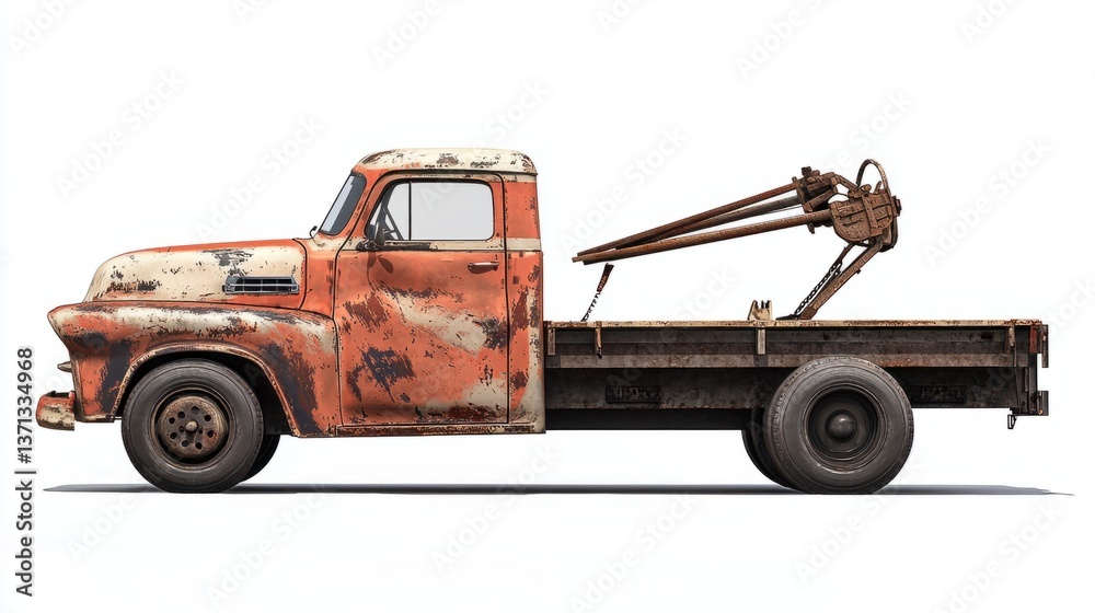 Naklejka premium Vintage Wrecker Truck with Rusty Paint on Isolated White Background