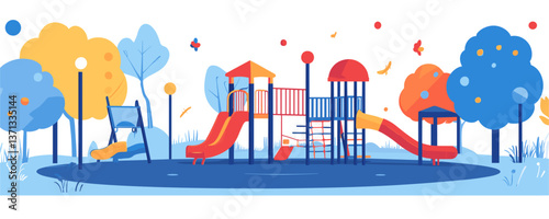 Colorful playground with slides and trees in a park setting - vector