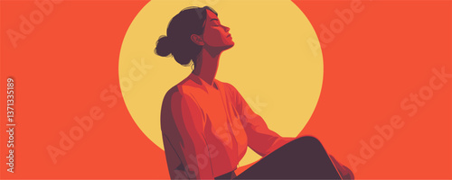 Calm woman meditating silhouette against sunset background, vector