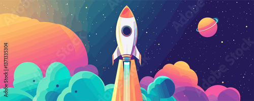 Futuristic rocket launching into starry sky with planets and clouds, vector