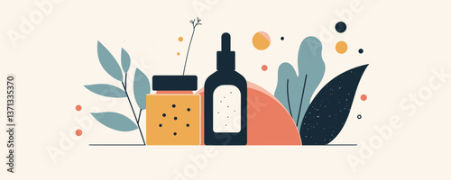 Natural skincare products with plants and abstract shapes vector