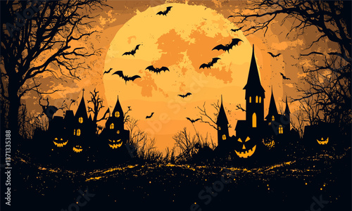 Spooky halloween night with haunted houses and bats in front of full moon - vector