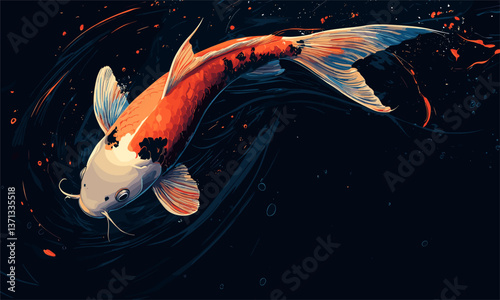 Beautiful koi fish swimming in dark water with elegant patterns, vector