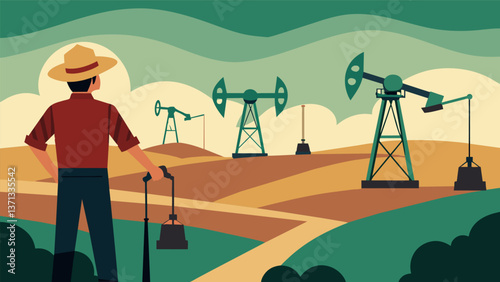 A lone farmer surveys his land now dotted with dozens of pump jacks a reminder of the modernization of agriculture and reliance on oil to power. Vector illustration