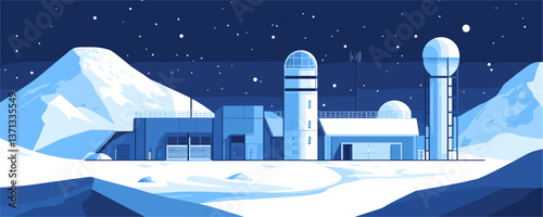 Futuristic polar research base at night with mountains and stars in the background - vector