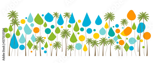 colorful shapes palm trees pattern, tropical design background, abstract summer art, vacation illustration