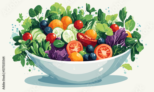 Fresh salad bowl with colorful vegetables and fruits, healthy meal vector