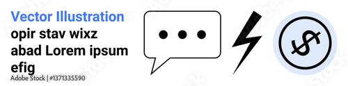 Speech bubble with three dots, lightning bolt, and dollar sign inside a circle. Ideal for communication, energy, economy, finance, business, marketing creativity simple landing page