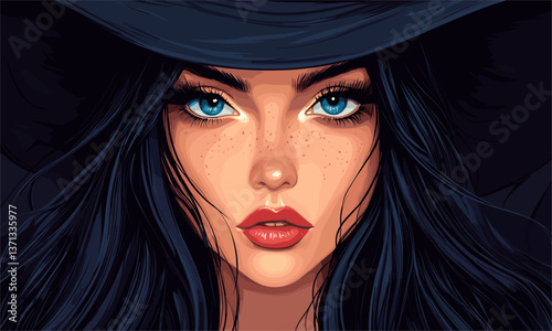 Striking portrait of freckled woman with blue eyes and hat, digital art vector