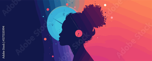 Silhouette of a person listening to music with abstract clock background - vector