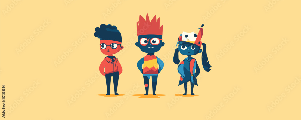 Naklejka premium Three cartoon characters with unique hairstyles on yellow background - vector