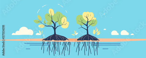 Mangrove trees with roots in water on sandy shore in minimalist landscape, vector