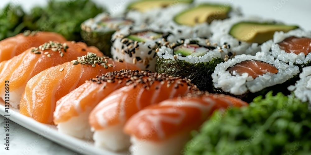 A close-up view of a sushi platter featuring various types of sushi including salmon and rolls with avocado A close-up view of a sushi platter featuring various types of sushi including salmon and rolls with avocado