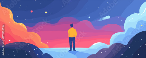 Person gazing at cosmic sky with vibrant clouds and stars - vector