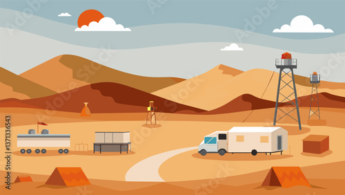 A dusty dry plain with a temporary camp set up for workers as rigs and pumps continuously extract natural gas from the ground.. Vector illustration
