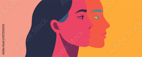 Two profiles in vibrant colors represent duality and diversity, abstract art visual, vector