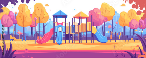 Colorful playground with slides and trees in park - vector