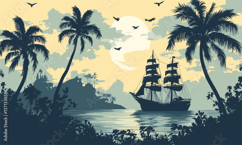 Majestic ship at sunset with tropical island and palms in silhouette - vector