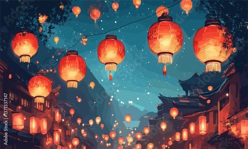 Illuminated lantern festival at night in traditional asian street scene, vector