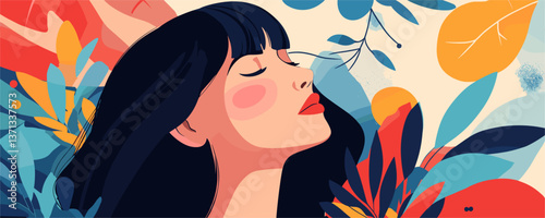 Peaceful woman with vibrant leaves and flowing hair on a colorful background, vector art