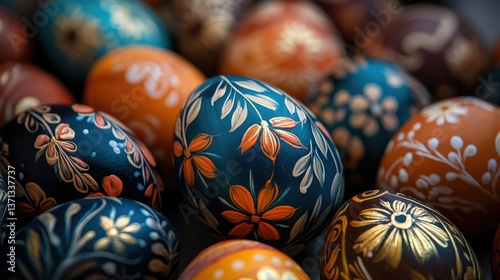 Close-up of Easter eggs with floral patterns
