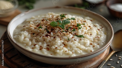 Maldivian bondibaiy sweet rice pudding coconut milk plated in a white bowl