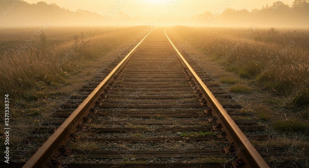 Fototapeta premium Golden Hour Railroad Tracks: A Journey into the Misty Dawn