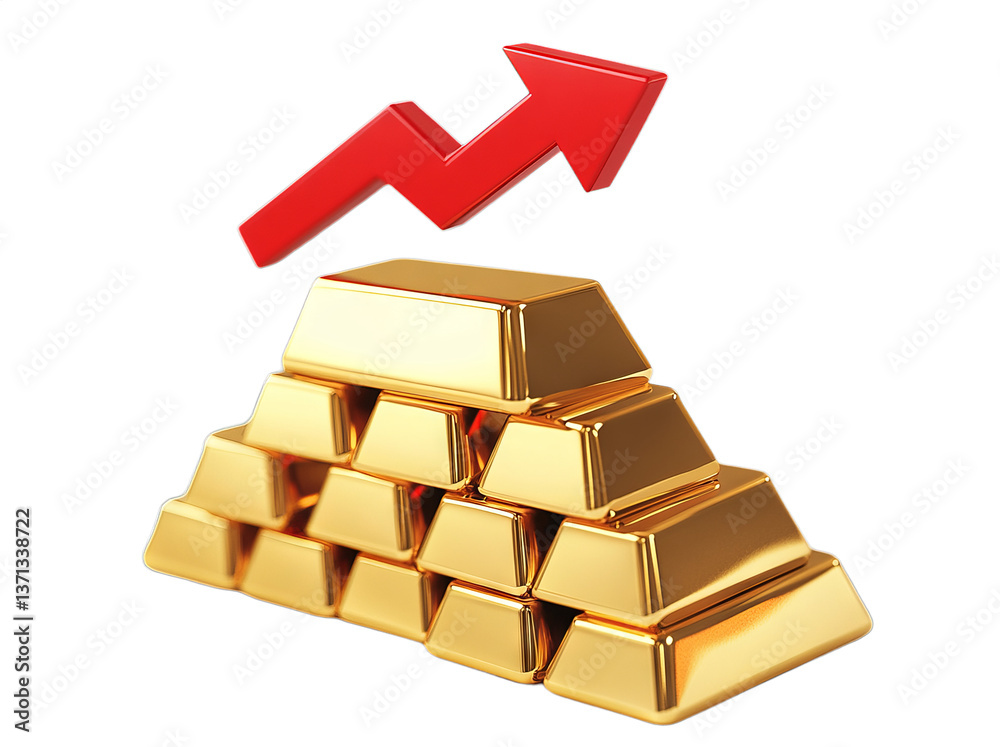 Stacked gold bars represent a solid investment, while a red upward arrow signifies increasing market value and positive trends in the commodities sector, highlighting the importance of gold Stacked gold bars represent a solid investment, while a red upward arrow signifies increasing market value and positive trends in the commodities sector, highlighting the importance of gold