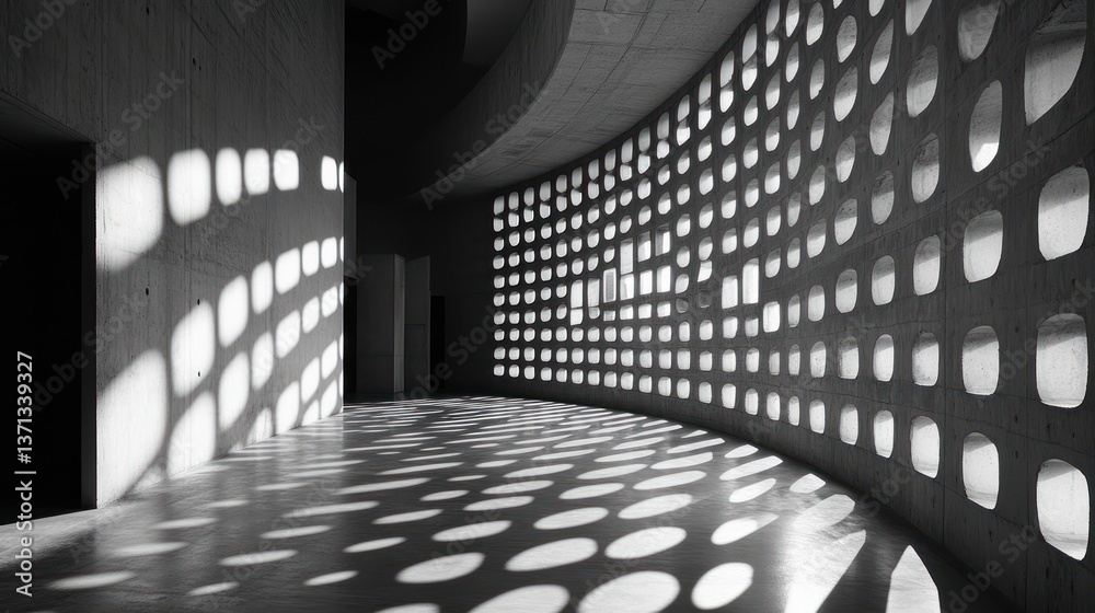 Obraz premium Curved concrete hallway, sunlit perforated wall, shadows, modern architecture, interior design