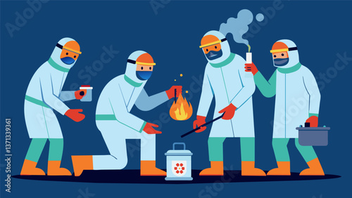 A group of scientists in protective gear conduct a controlled experiment heating and pressurizing a petroleum sample to simulate reallife conditions. Vector illustration