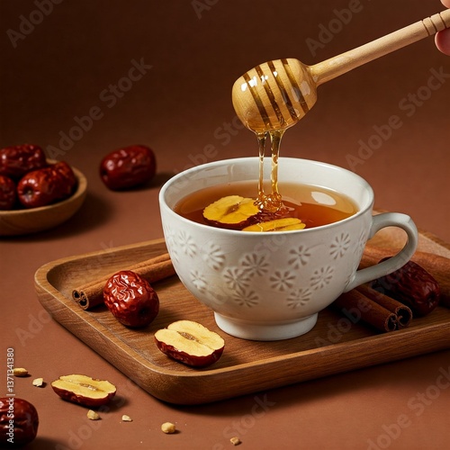 Traditional Korean Jujube Tea (Daechu Cha) in an Elegant Porcelain Cup with Floating Jujube Slices
