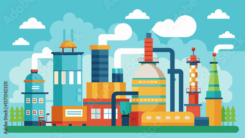 A chemical refinery that uses waste heat to generate steam which is then used for heating and powering other processes.. Vector illustration
