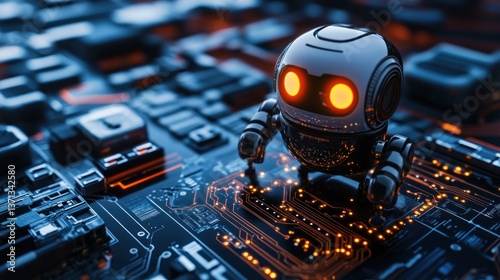 A small robot stands on a circuit board.  It has glowing orange eyes. Ideal for ai development, automation, futuristic technology, and digital innovation concepts, perfect for robotics engineering.