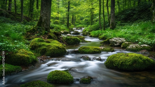 A tranquil forest stream. Lush greenery surrounds a flowing brook. Ideal for nature photography, relaxation themes, and mindfulness concepts, perfect for landscape and environmental projects.
