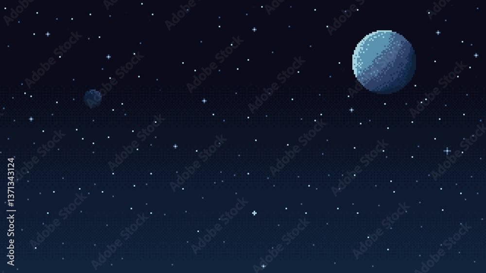 Pixel art space background, 8 bit retro style video game. Starry sky. Galaxy. Planet. Simple game level template. Loop animation.