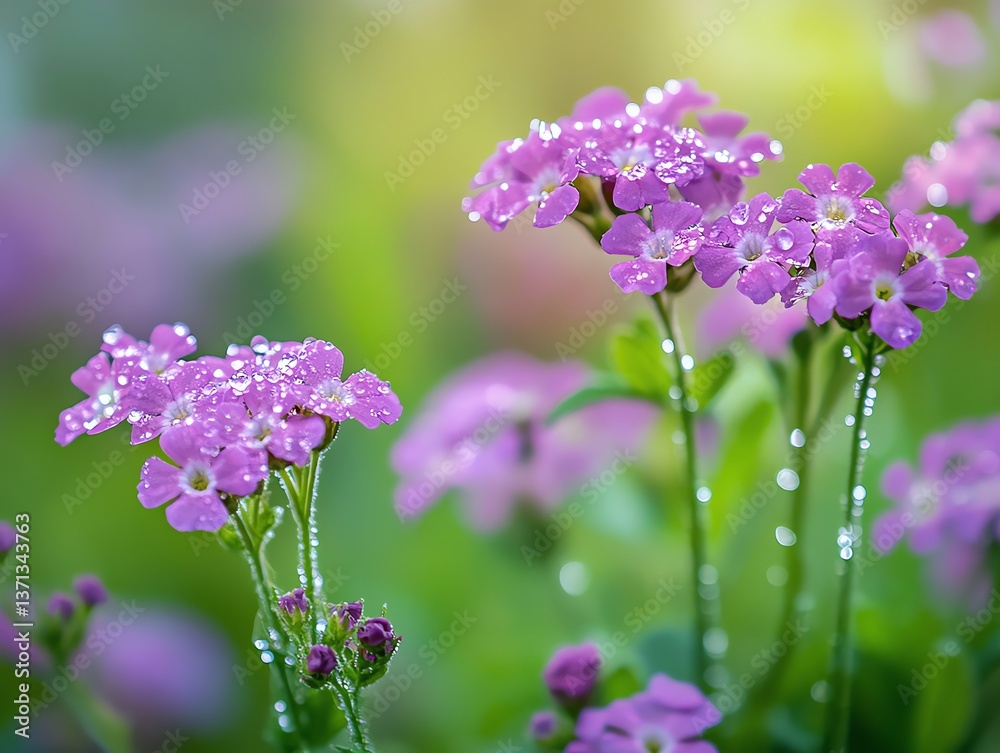 Fototapeta premium Blooming Purple Primrose Flowers Adorned with Sparkling Water Droplets on Stems
