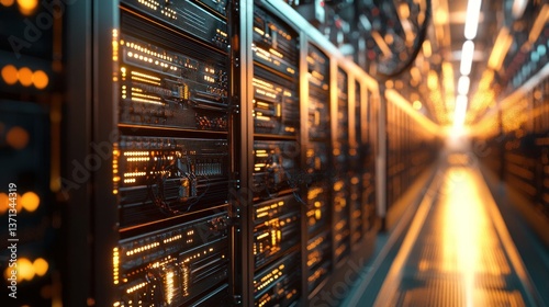 Server racks in a modern data center.  Rows of illuminated server cabinets, showcasing advanced technology, extend into a brightly lit tunnel. Perfect for IT and cloud computing projects.