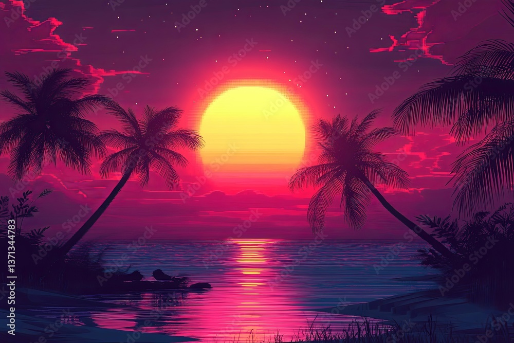 Obraz premium A beautiful sunset over calm ocean water with palm trees