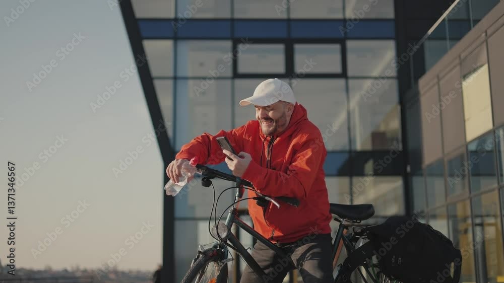 Young bearded business man has mobile conversation using phone outdoors while sitting on his bike near urban building.A man drinks water in nature. Young bearded business man has mobile conversation using phone outdoors while sitting on his bike near urban building.A man drinks water in nature.