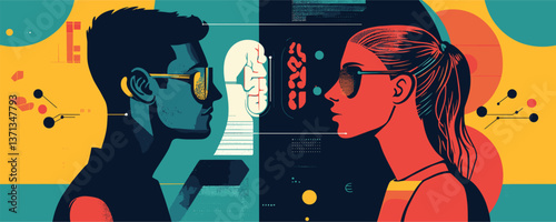 Stylized geometric profile portraits of two people with glasses and digital elements - vector