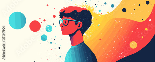 Surreal portrait of young man with glasses in cosmic abstract art design - vector