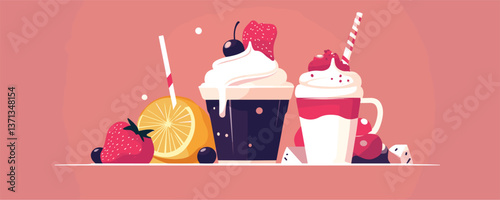 Refreshing summer drinks with fruits and whipped cream on pink background, vector