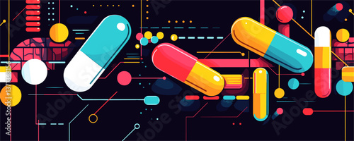 Colorful futuristic capsule and circuit design on dark background, vector