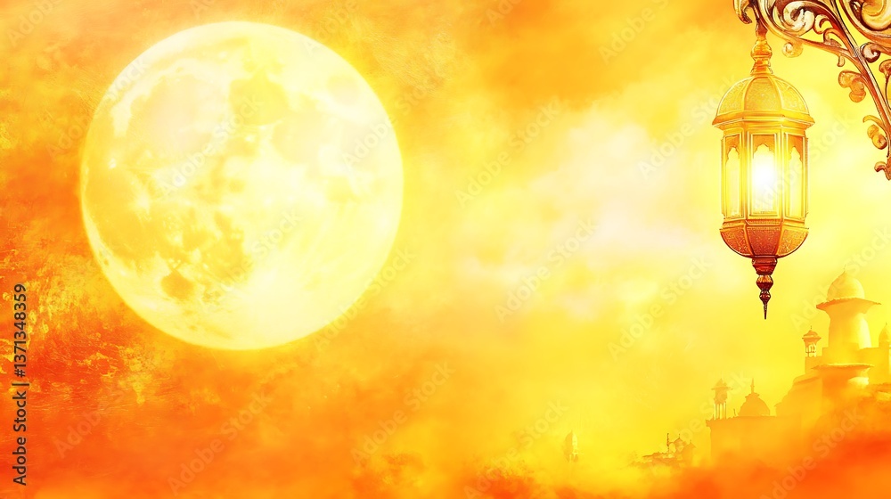 Obraz premium A large golden moon and ornamental lantern in a hazy sky