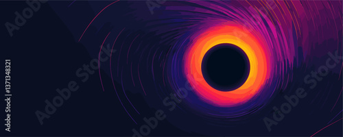 Abstract colorful swirling black hole on dark background, glowing orbital rings, vector