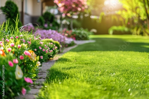 Wallpaper Mural Perfect manicured lawn and flowerbed with shrubs in sunshine on backdrop of residential house backyard Torontodigital.ca