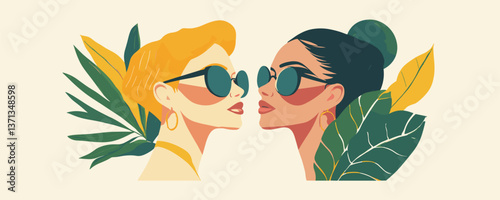 Stylish women with sunglasses surrounded by tropical leaves - vector