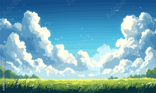 Lush green field under blue sky with dramatic clouds and birds vector