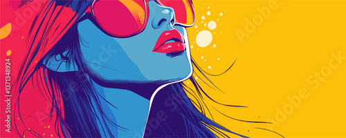 Colorful retro portrait of woman with sunglasses on bright background, vector